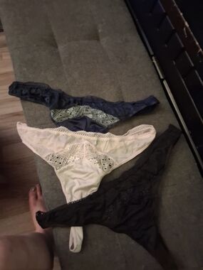Lace Trim Thong Panty Set — Navy, White, Black